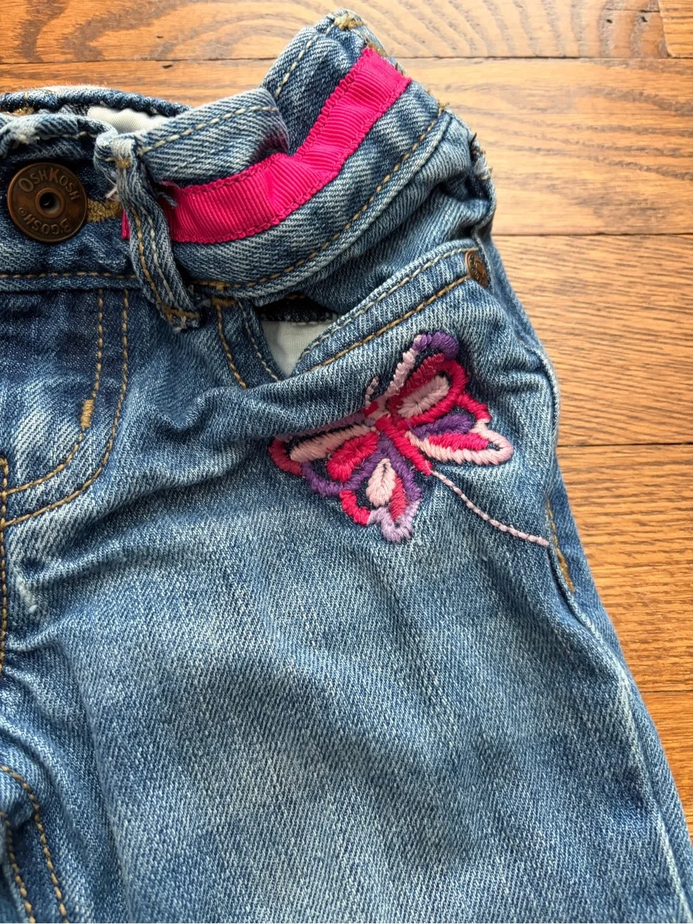 OshKosh B'gosh Toddler Size 2 Embroidered Denim Flared Jeans Butterfly Pink